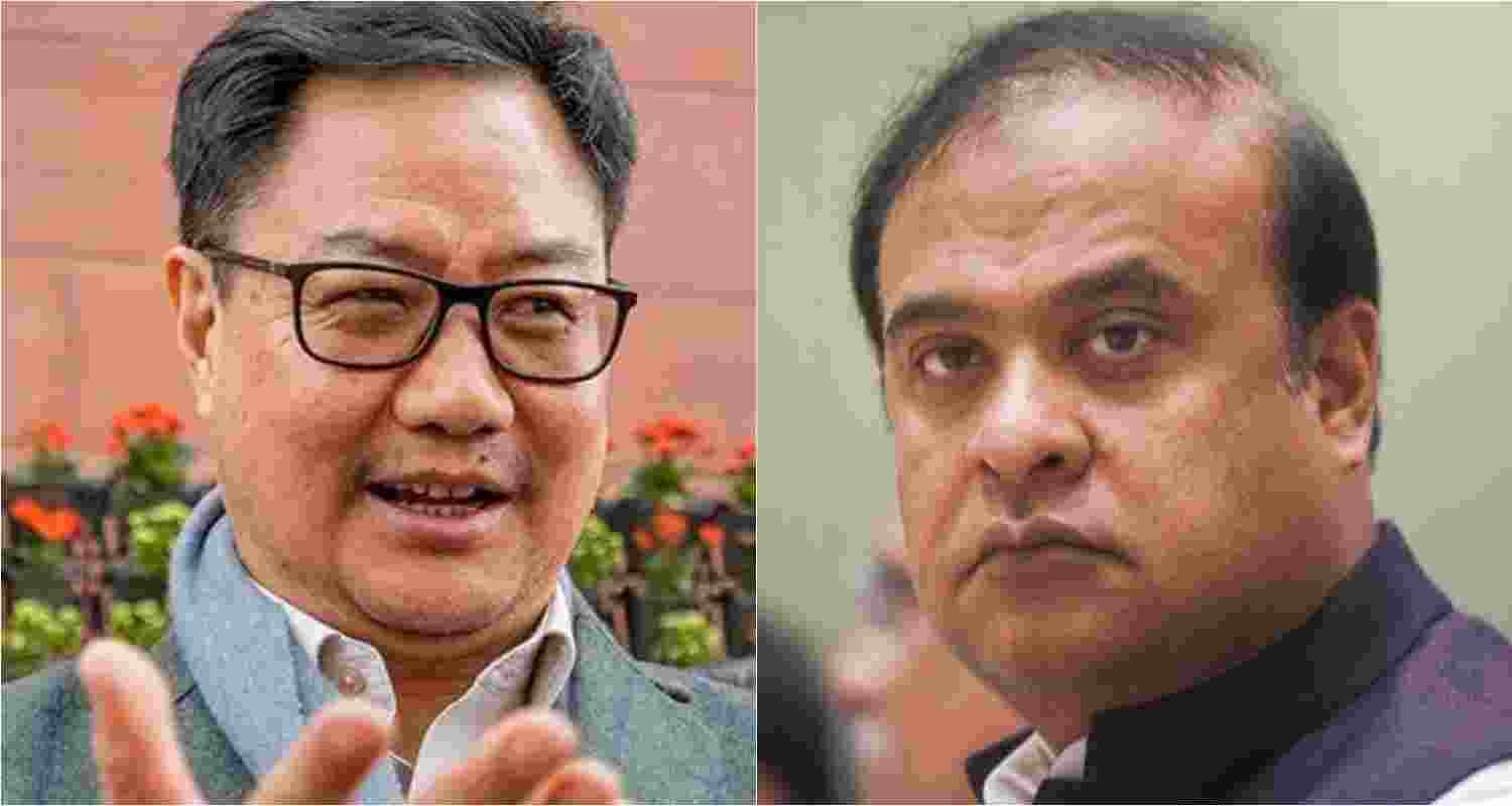 During a poll campaign, Assam Chief Minister Himanta Biswa Sarma (R) contradicted Union Minister of Earth Sciences Kiren Rijiju's (L) claim, refuting any agreement regarding the resettlement of Chakma-Hajong refugees in Assam.