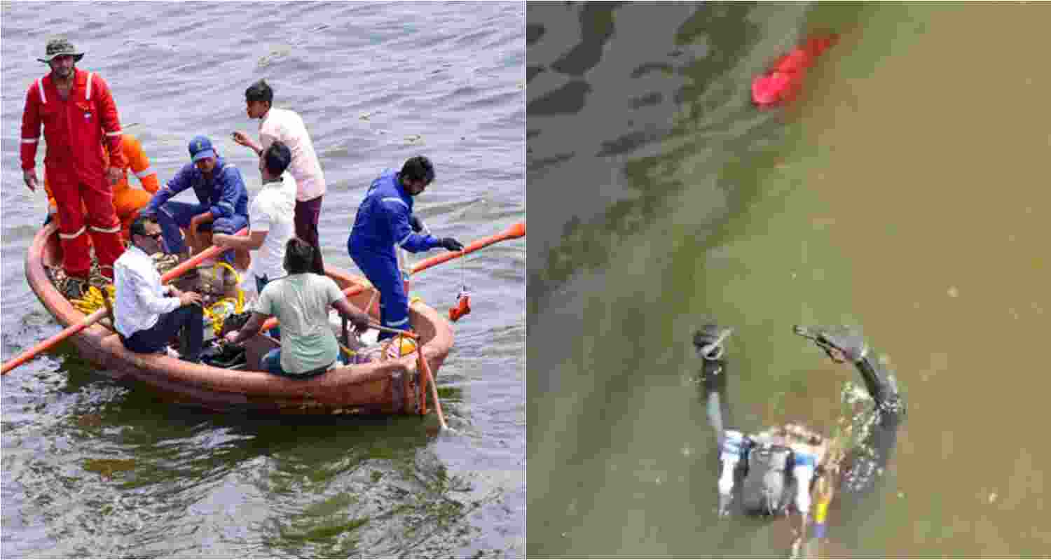 A team of police officials during search for a revolver thrown by Bishnoi brothers in the River Tapi after they allegedly opened fire at actor Salman Khan's residence.