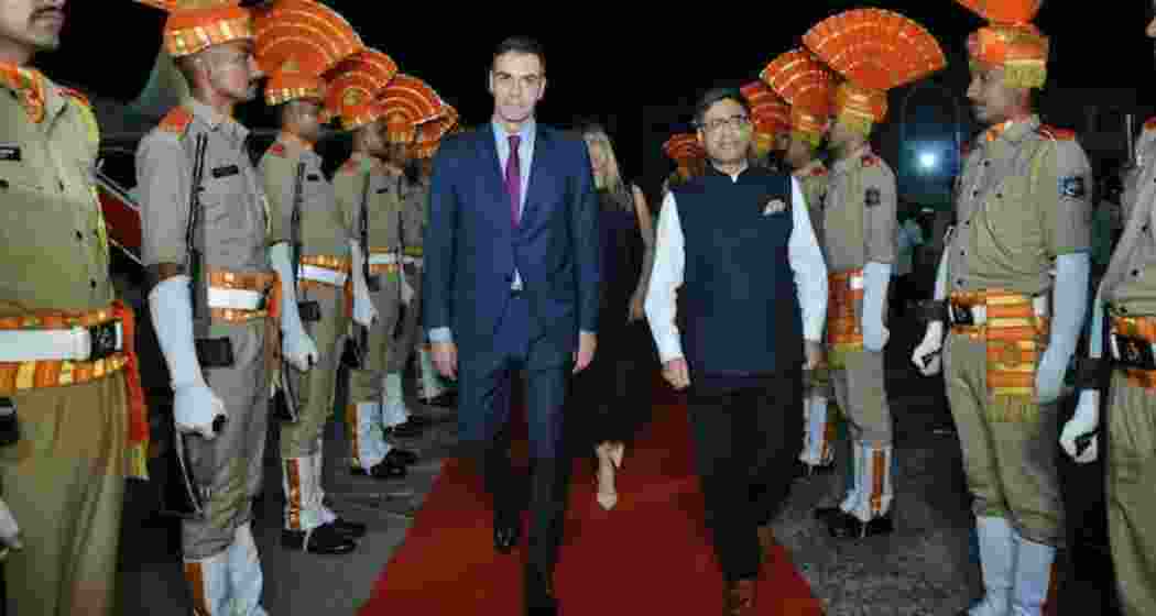 Spanish Prime Minister Pedro Sanchez and Foreign Secretary Vikram Misri in Gujarat's Vadodara early on Monday.