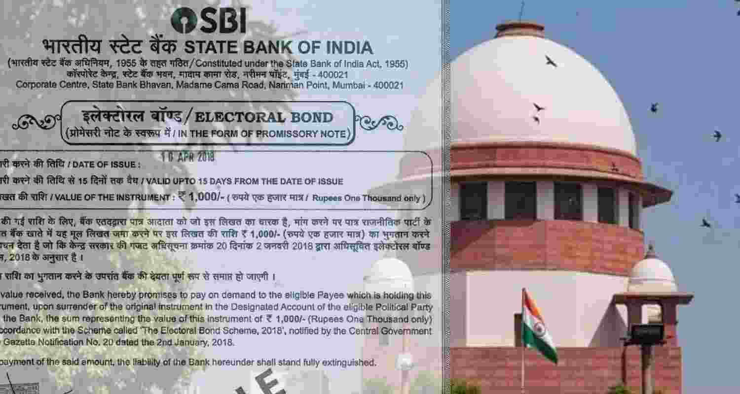 An image of an Electoral Bond and the Supreme Court.