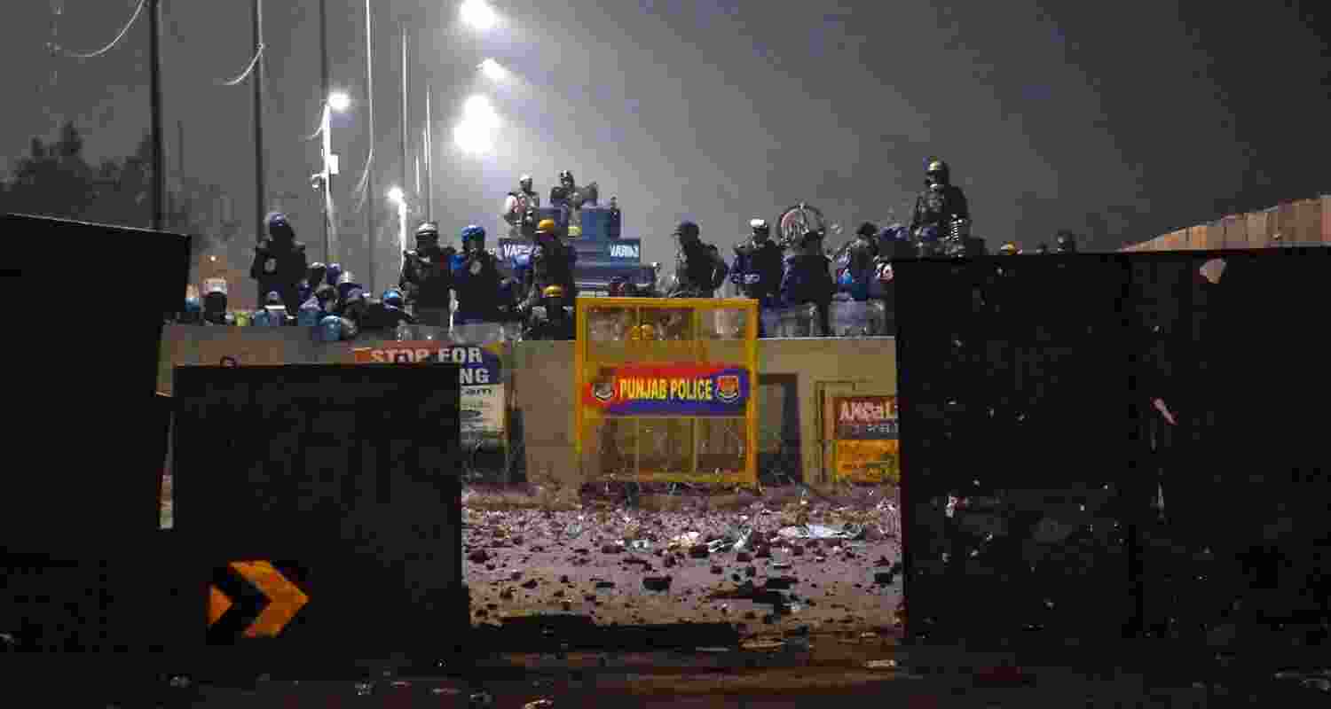 Security forces at the Shambhu border holding steady against protestors.