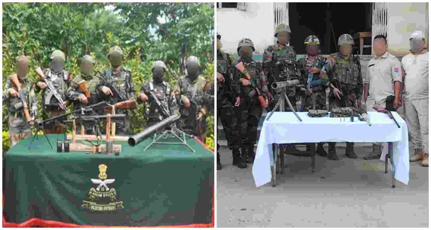 Security forces display the recovered arms and ammunition from joint operations in Manipur.