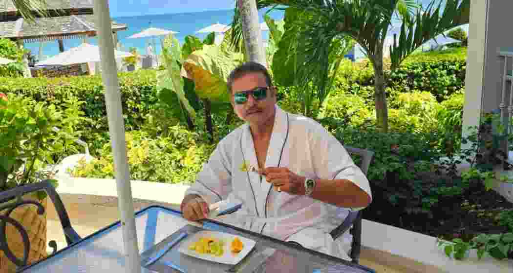 Former India cricketer and head coach Ravi Shastri enjoying breakfast at Antigua, in the Caribbean islands.