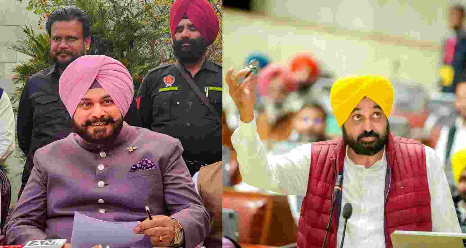 Navjot Singh Sidhu addressing a press conference (left) and Punjab CM Bhagwant Mann during the Punjab assembly budget session.