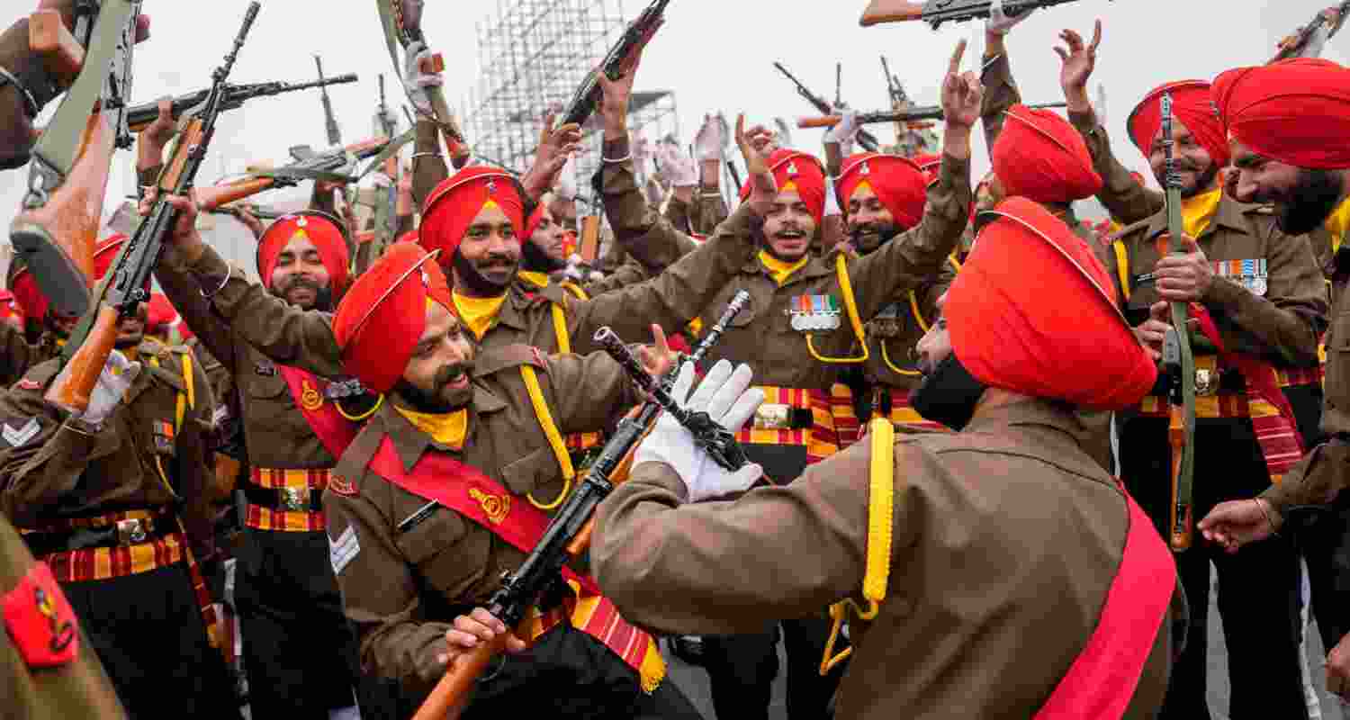 Dance of the Warriors: A celebratory sight as the Indian Army's Sikh Regiment personnel are clicked during a full dress rehearsal ahead of the Republic Day Parade 2024. The Sikh regiment was founded in the year 1846 and holds the distinction of being the highest decorated regiment in the Indian Army.