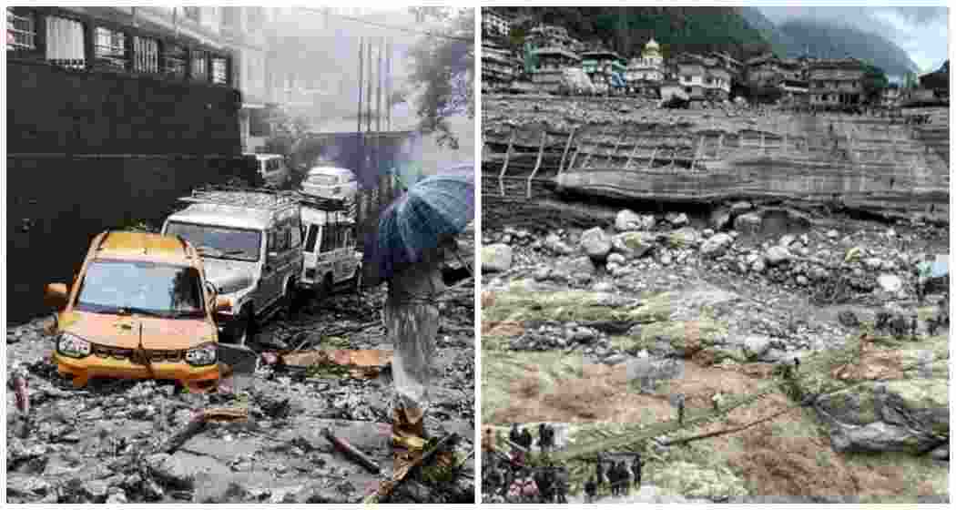 Vehicles stuck in mud and silt following landslides triggered by incessant rainfall, in North Sikkim (L). A temporary bamboo bridge being set up at Chungthang, where the Teesta III dam was swept away in October last year (R). 