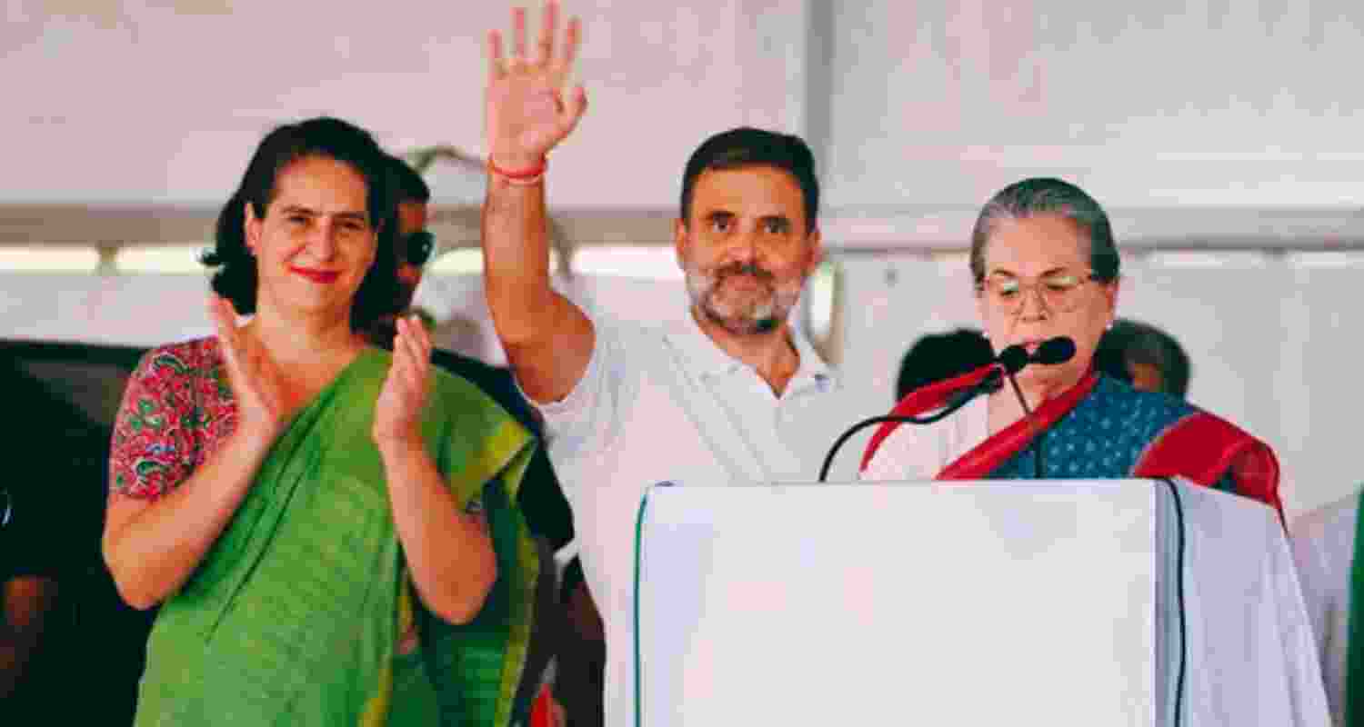 (From left) Congress leaders Priyanka Gandhi Vadra, Rahul Gandhi and Sonia Gandhi in Rae Bareli on Friday.