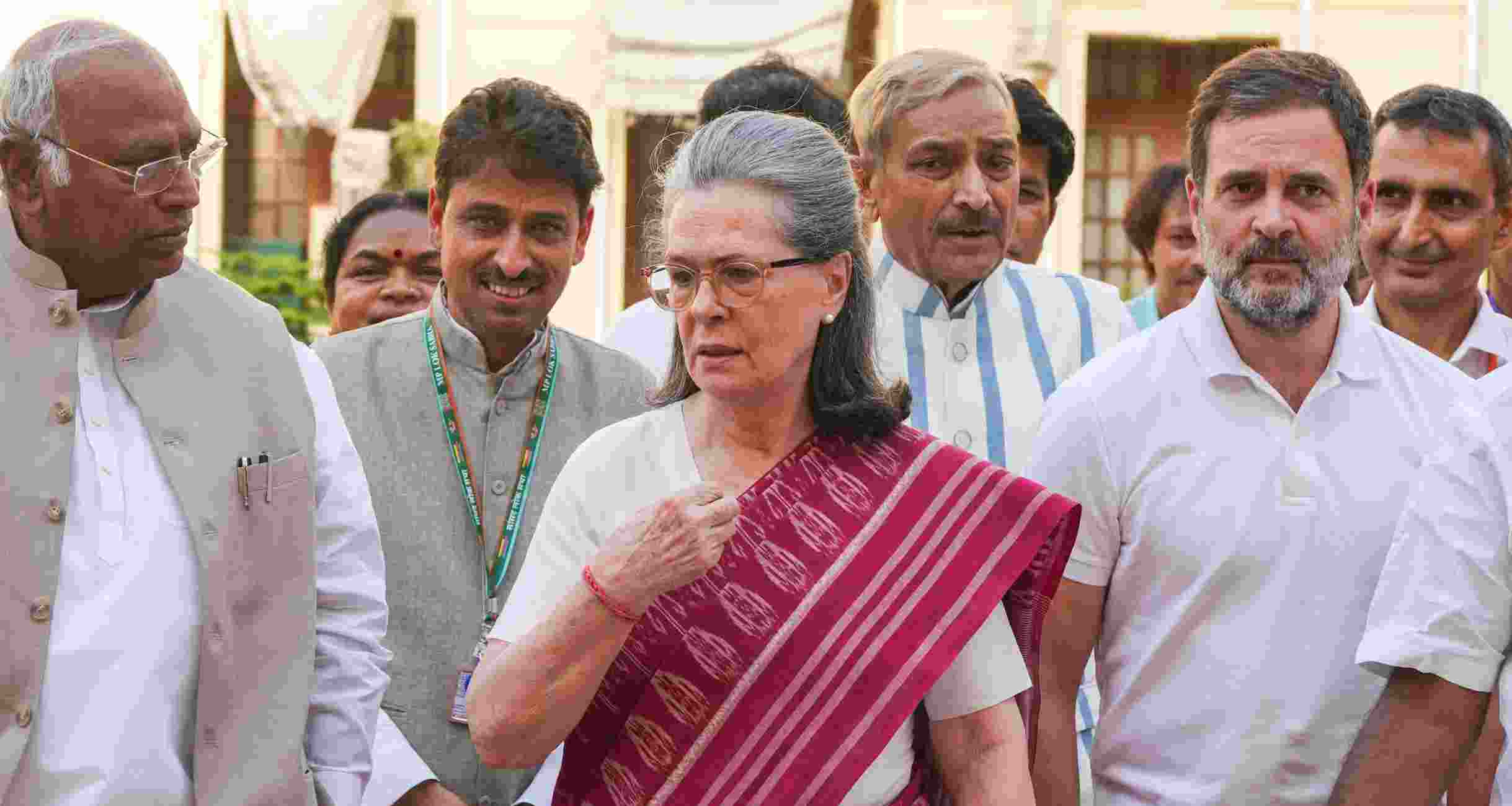 Congress leader Sonia Gandhi along with party members after being unanimously elected as Chairperson of the Congress Parliamentary Party.