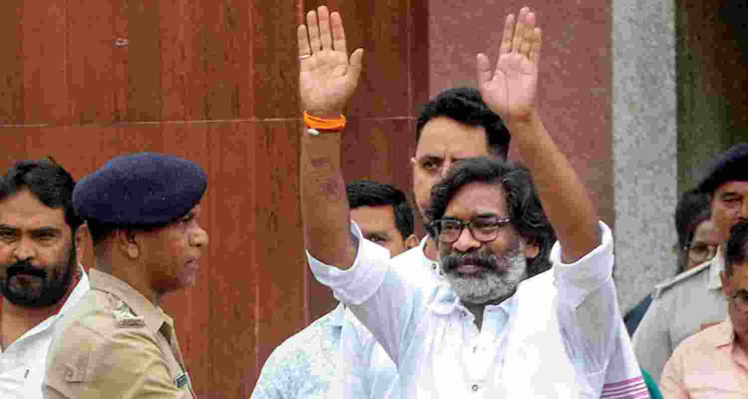 Former Jharkhand chief minister Hemant Soren comes out of Birsa Munda Central Jail upon his release after Jharkhand High Court granted him bail in a money laundering case linked to a land scam.