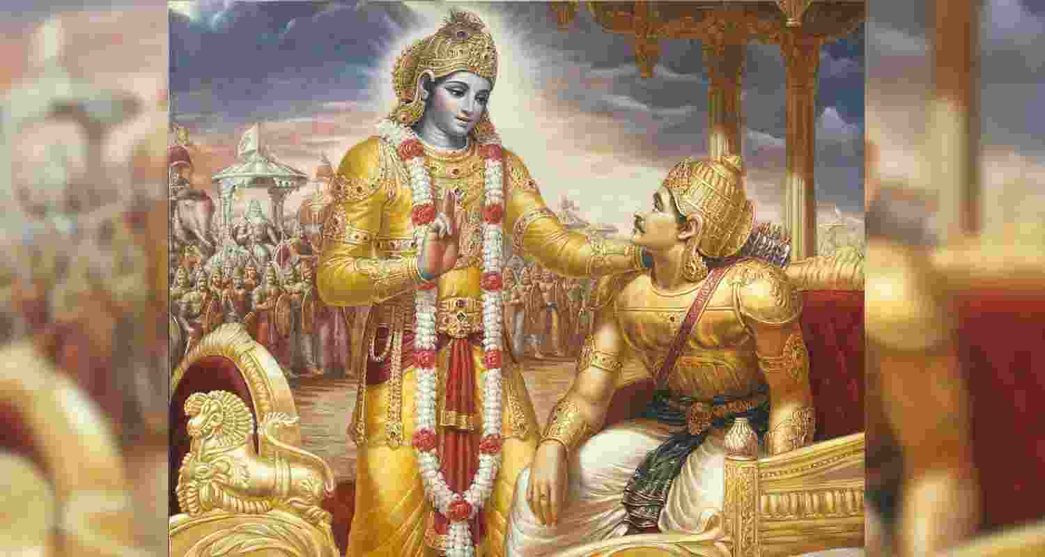 A scene from the Srimad Bhagavad Gita, depicting Lord Krishna advising Arjuna before the battle.