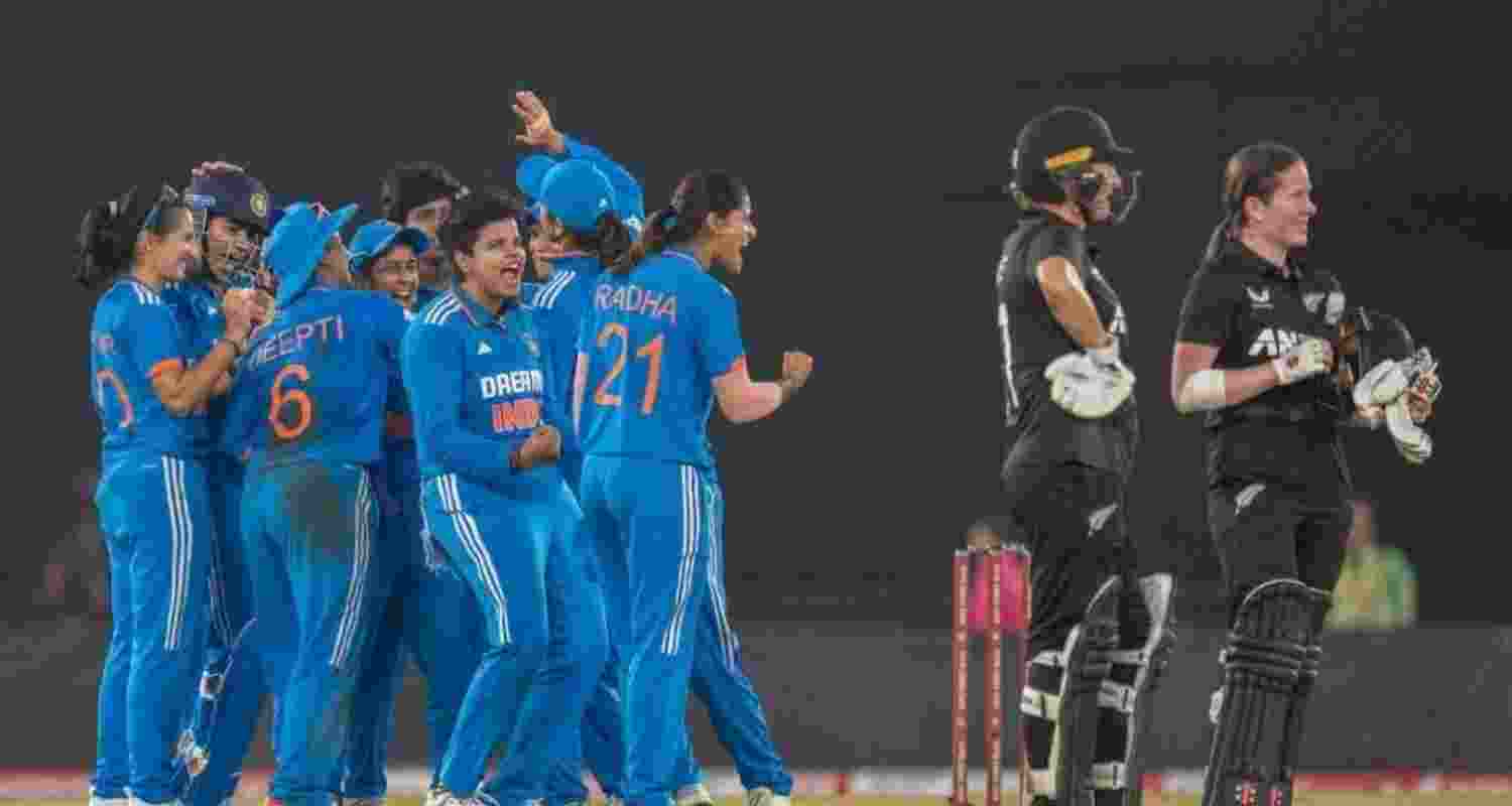 Indian women celebrate their 59 run victory over New Zealand in first ODI in Ahmedabad. 