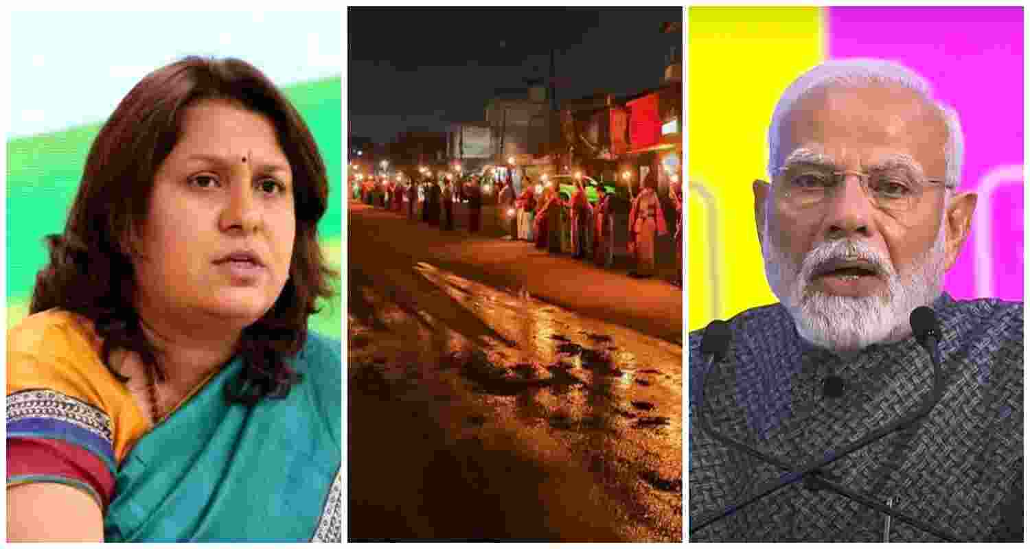 Congress spokesperson Supriya Shrinate (L), Women form a human chain to protest against the ethnic violence between the Meitei and Kuki community in Manipur (C), Prime Minister Narendra Modi (R).