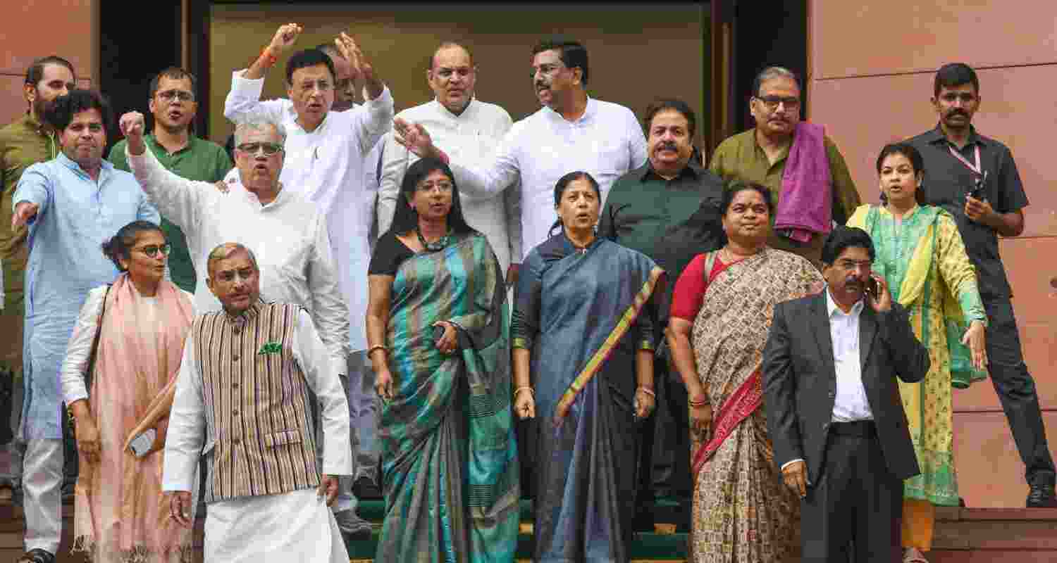 Opposition leaders protesting outside the Parliament today.