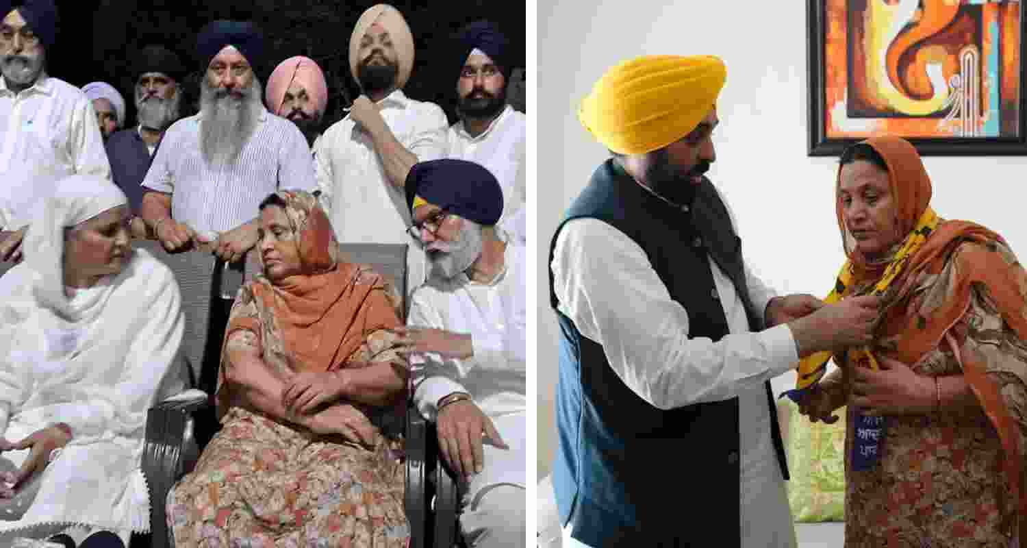 Surjit Kaur with Akali Dal leaders today evening (left), Surjit Kaur with Punjab CM Bhagwant Mann, today morning, when she switched to AAP fold (right). 