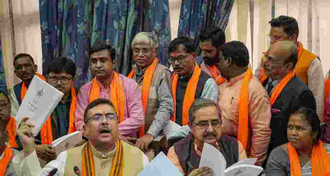 Leader of Opposition in West Bengal Assembly Suvendu Adhikari (left) along with BJP MLAs. File Photo.
