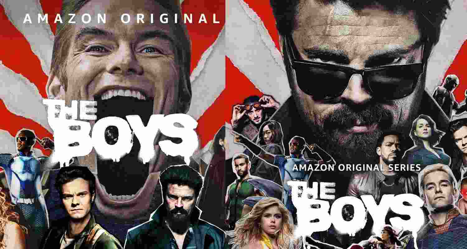 Two posters featuring the cast of the series 'The Boys' on Amazon prime video.