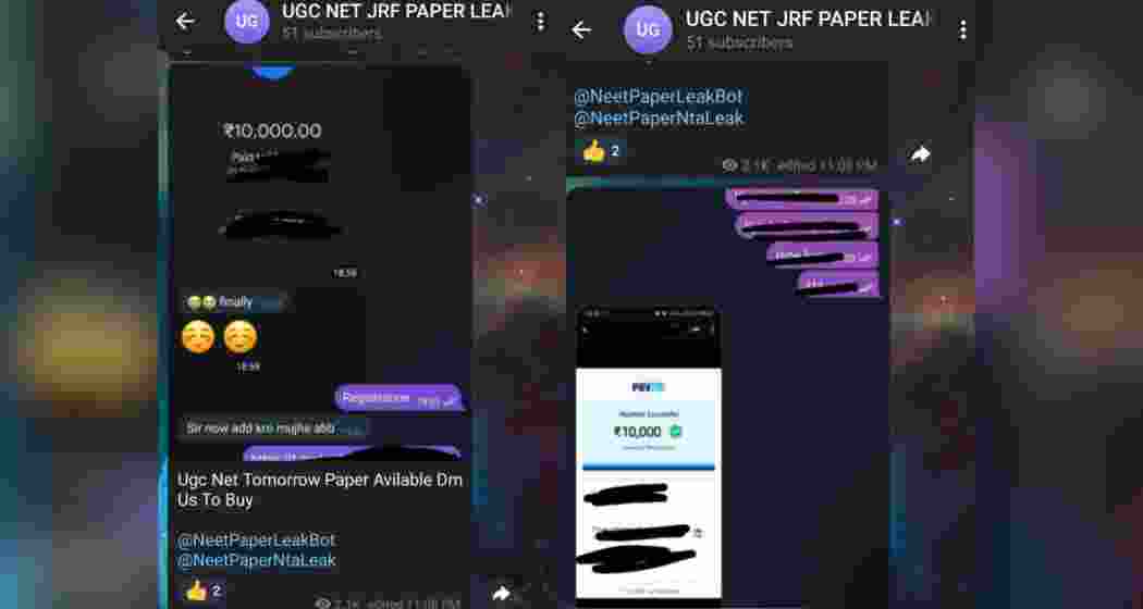 A screenshot displaying transactions on Telegram, where leaked exam papers were sold for ₹5,000 to ₹10,000.