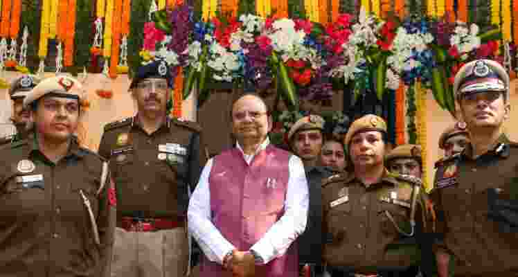 Lt Governor VK Saxena can be seen during the inauguration of an All Women Police Post (AWPP) at Shradhanand Marg in New Delhi. 