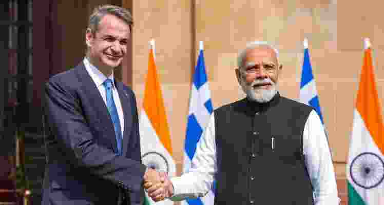 Prime Minister Narendra Modi shakes hands with Prime Minister of Greece Kyriakos Mitsotakis at the Hyderabad House, in New Delhi. 