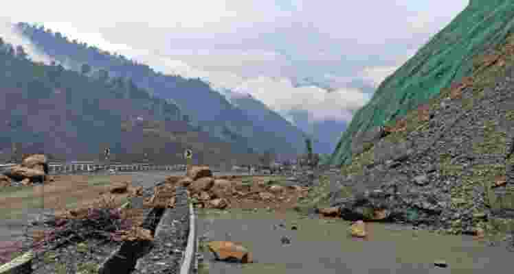 View of Jammu-Srinagar National Highway remained amid landslide, 