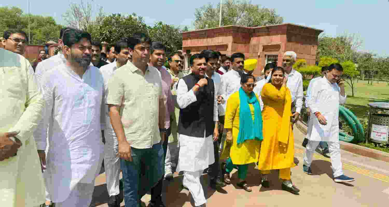 AAP leader Sanjay Singh while visiting Rajghat to pay tribute to Mahatma Gandhi after getting bail. Image X.