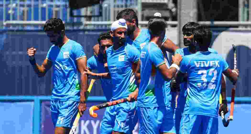 Rajkumar Pal and team after Pal scored a hattrick in India vs Malaysia match in Asian Champions Trophy. Image taken from X. 