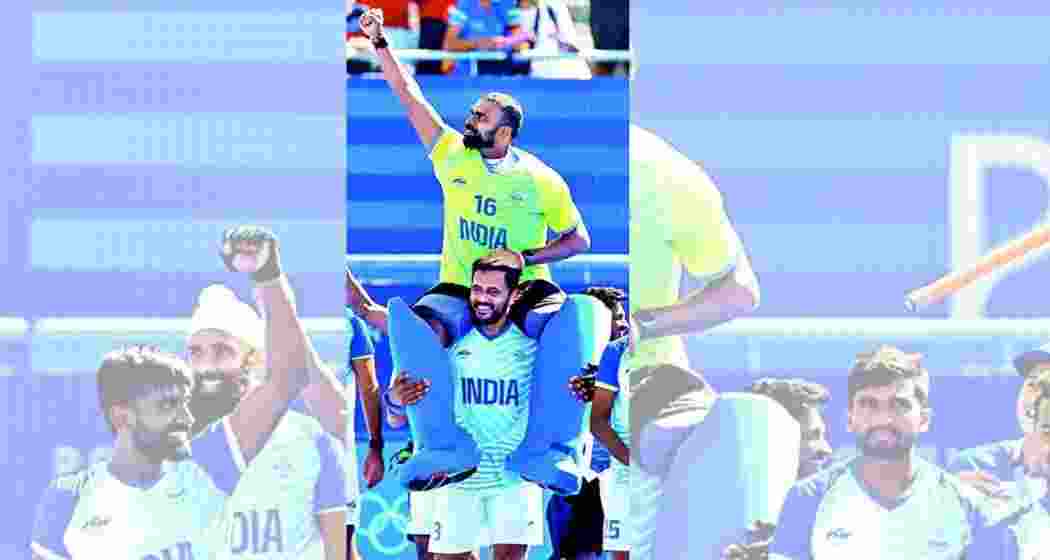 Harmanpreet and Sreejesh in the spirit of winning the Paris Olympics Bronze medal. Image taken from X. 