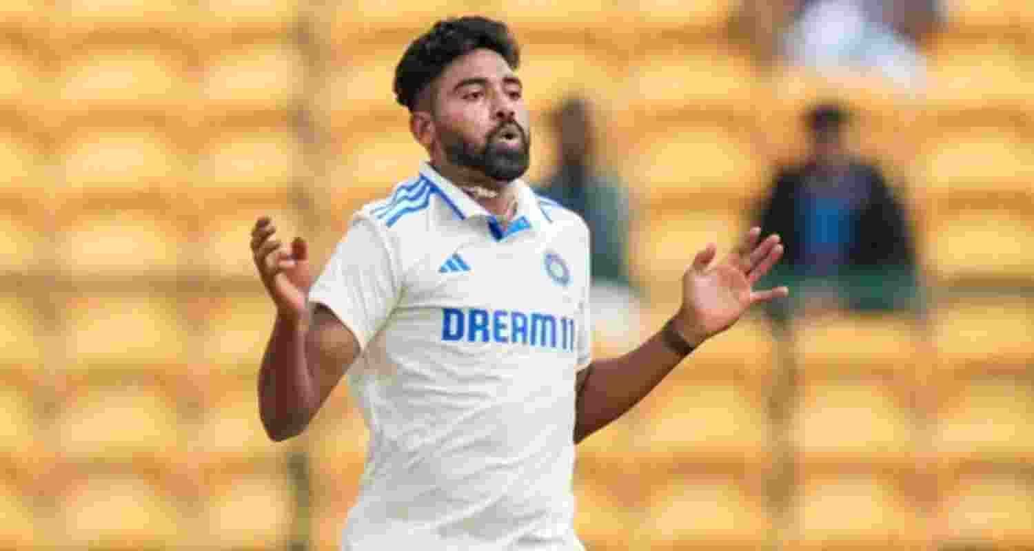 India's Mohammed Siraj reacts during the fifth day of the first test cricket match against New Zealand.