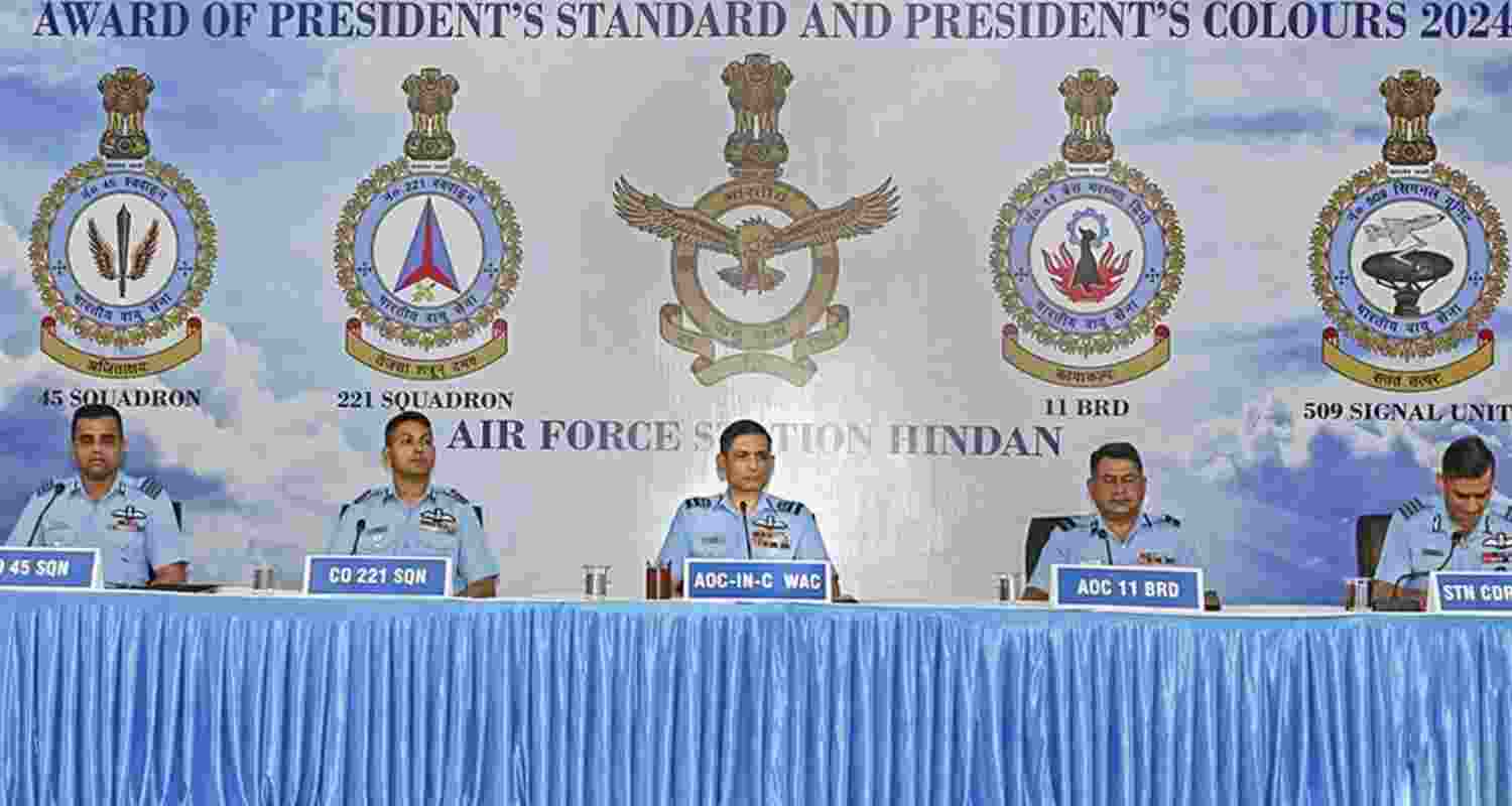 AOC-in-C Western Air Command Air Marshal PM Sinha and other air force personnel during the curtain raiser press conference.