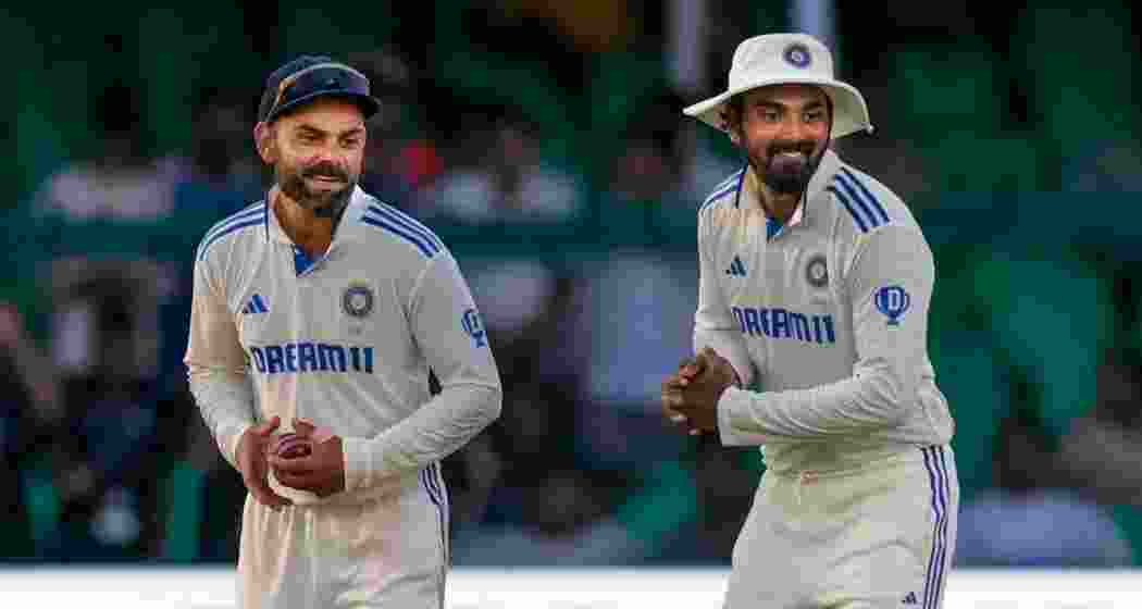 India's Virat Kohli and KL Rahul during the fourth day of the 2nd Test cricket match between India and Bangladesh, at the Green Park stadium, Kanpur, Monday, Sept. 30, 2024.