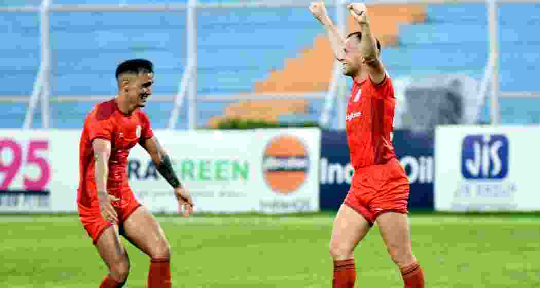 Players of Punjab FC celebrate during a Durand Cup 2024 football match between Punjab FC and Mumbai City FC at Kishore Bharati Krirangan, in Kolkata, Sunday, Aug. 11, 2024.