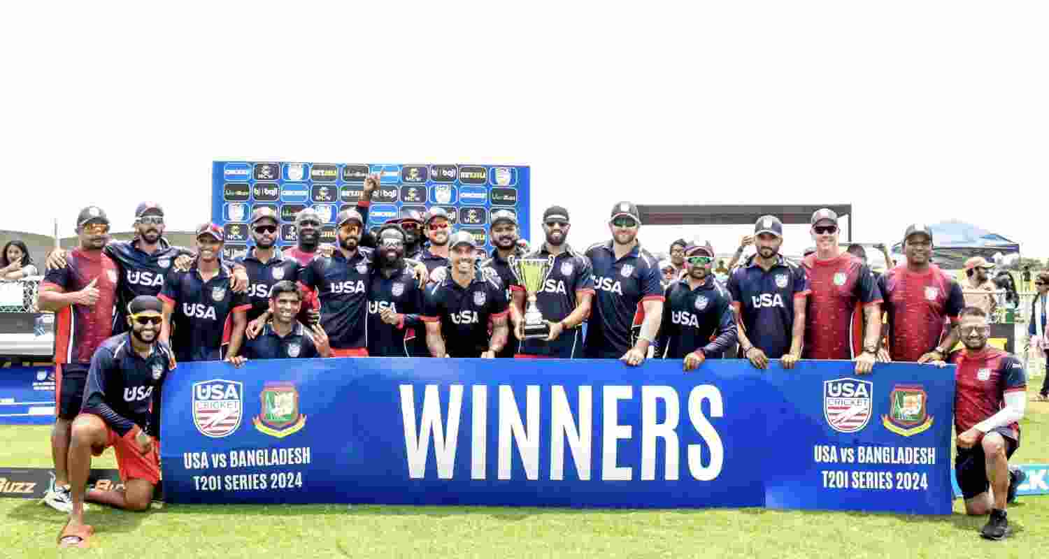 The US cricket team celebrating a recent victory against Bangladesh.