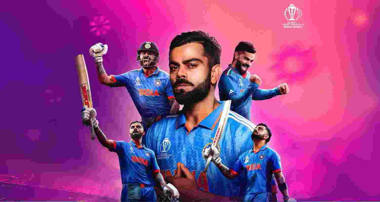 Virat Kohli in a poster image with visuals from the 2023 Cricket world cup, his 5oth and 51st ODI centuries.