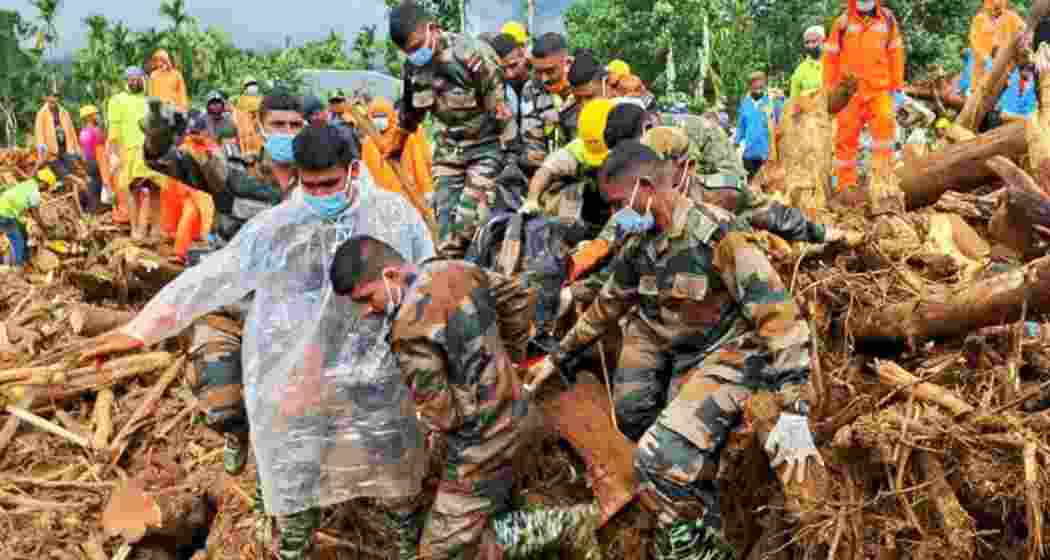 Rescue operation underway after landslides triggered by rain, in Wayanad district, Kerala. 