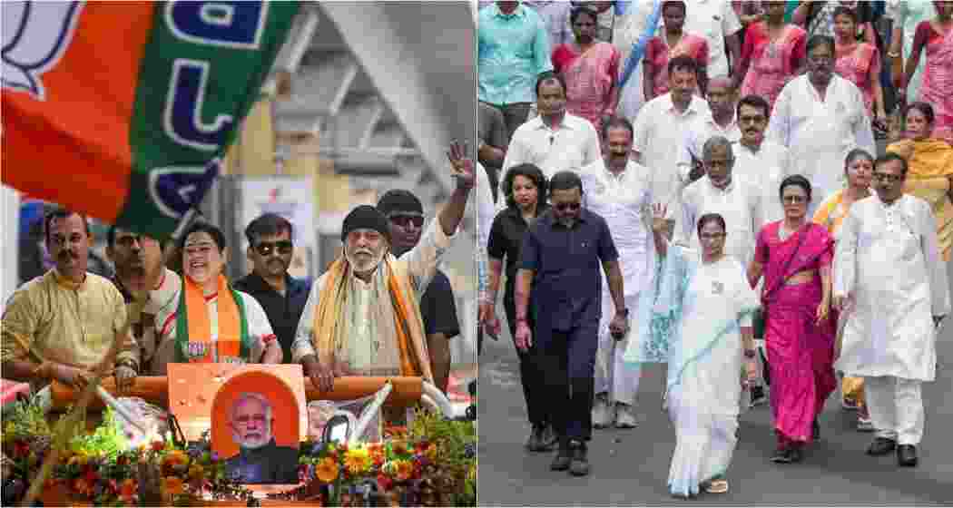 Actor and BJP leader Mithun Chakraborty during a roadshow in favour of party candidate from Kolkata South constituency Debasree Chaudhuri for Lok Sabha polls, in Kolkata on Thursday (L), Bengal Chief Minister and TMC supremo Mamata Banerjee during a campaign road show for the last phase of Lok Sabha elections, in Kolkata on Thursday.