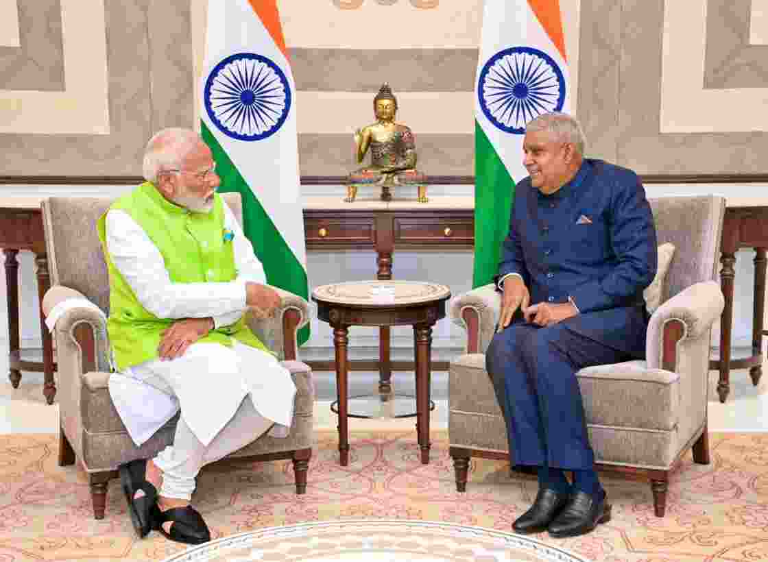Vice-President and Rajya Sabha Chairman Jagdeep Dhankhar meets Prime Minister Narendra Modi at Vice-President's Enclave, in New Delhi on Wesnesday.
