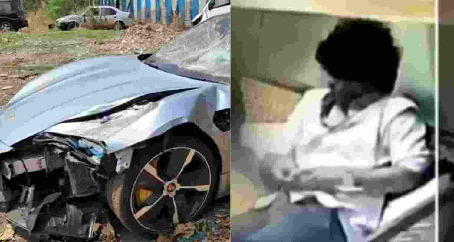 The crashed Porsche (left). The accused, who was drunk and driving the luxury car, struck a two-wheeler, resulting in the deaths of two techies (right).