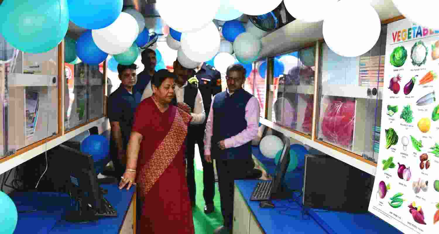 Manipur Governor Anusuiya Uikey during the launch event of "School on Wheels" initiative at Bal Vidya Mandir Complex in Imphal on Sunday.