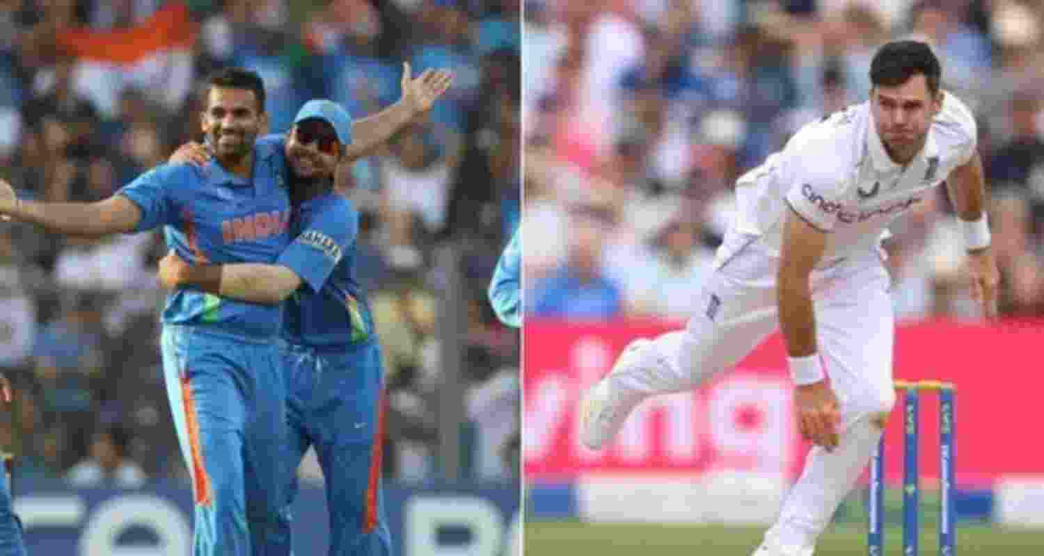 Indian pacer Zaheer Khan along with Indian batsman Virat Kohli (Left). England fast bowler James Anderson (Right).