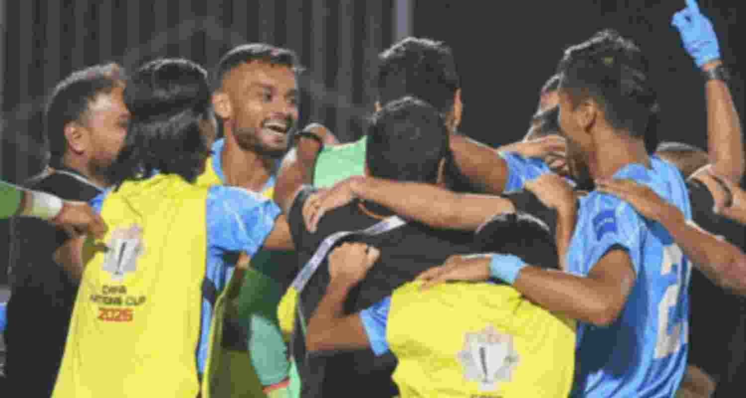 The Indian team celebrating their bronze medal-winning triumph over Oman in the third-place playoff of the CAFA Nations Cup.