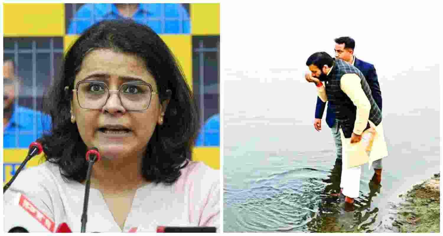 AAP leader Priyanka Kakkar (L). Haryana CM Nayab Singh Saini sips Yamuna water during his visit to Palla village on Wednesday, which AAP claims was a staged act (R).