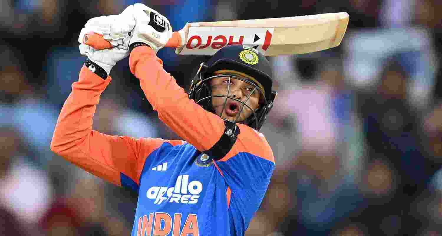India's Abhishek Sharma dispatching the ball over the fence during the second T20 cricket match against Australia in Melbourne on Friday.