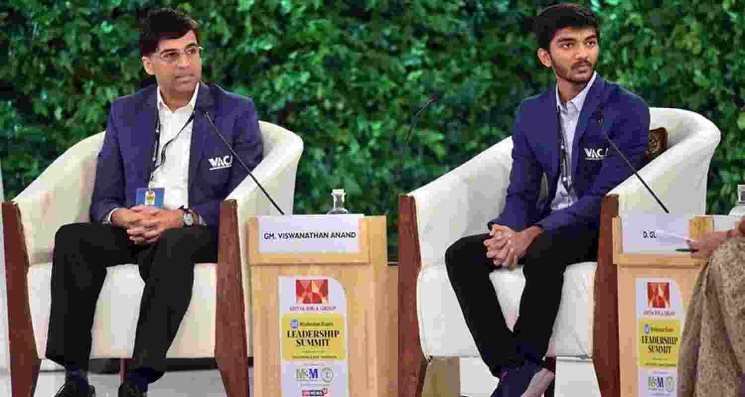  A file photo of five-time world champion Viswanathan Anand with his protege and reigning world champion D Gukesh.