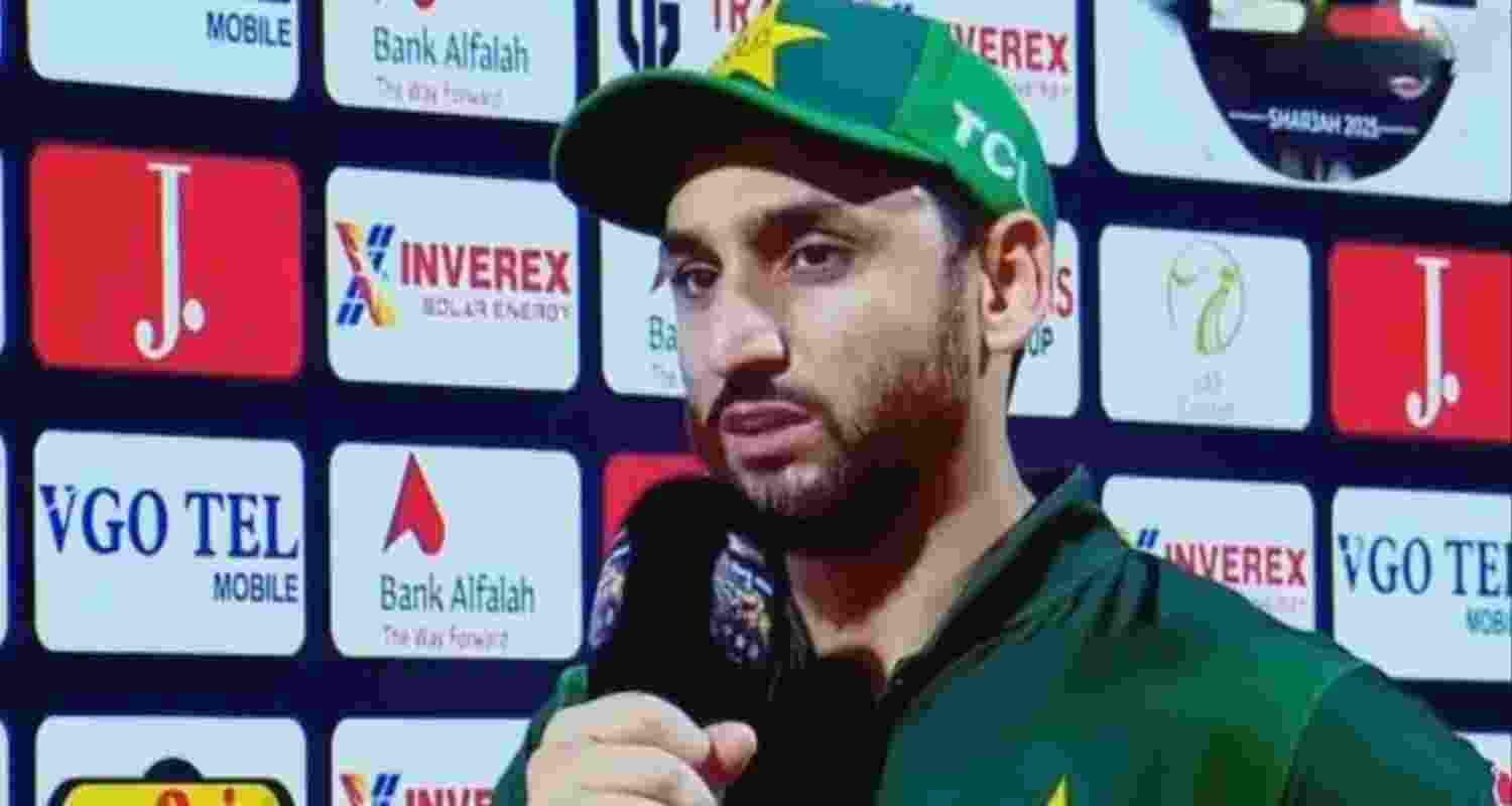 Pakistan captain Salman Agha speaking at the post-match ceremony.