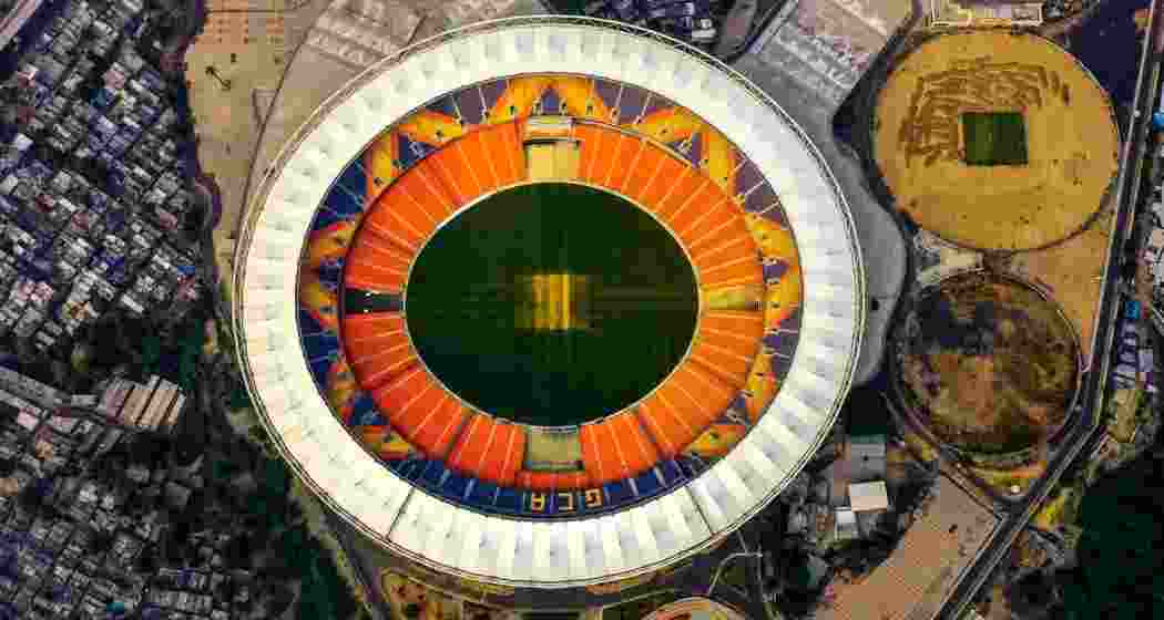 An aerial view of the Narendra Modi Stadium, the largest cricket arena in the world. 