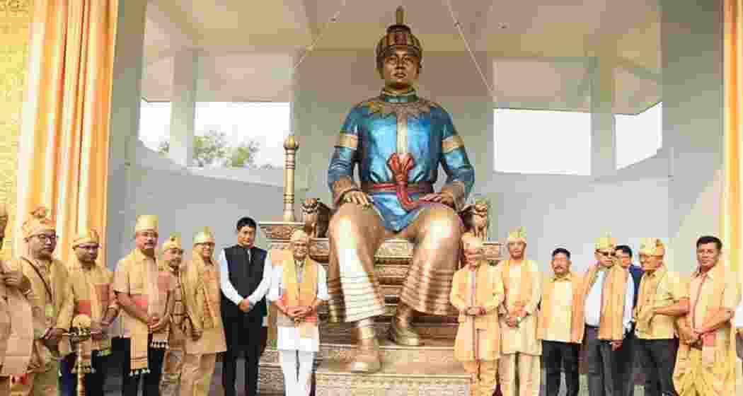 Assam Chief Minister Himanta Biswa Sarma, along with members of the Ahom dynasty, unveils the statue of Ahom founder Swargadeo Chaolung Siu-Ka-Pha in Guwahati on Me-Dam-Me-Phi, honouring his legacy of unity, on Saturday.