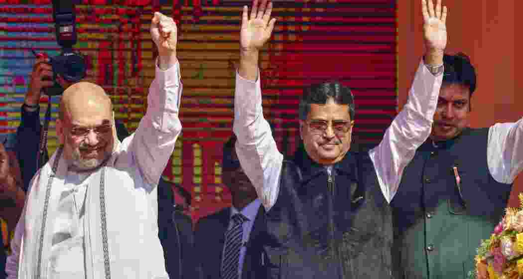 Union Home Minister Amit Shah and Tripura Chief Minister Manik Saha during a public rally at Ambassa, in Dhalai district in Tripura on Sunday, Dec. 22, 2024.