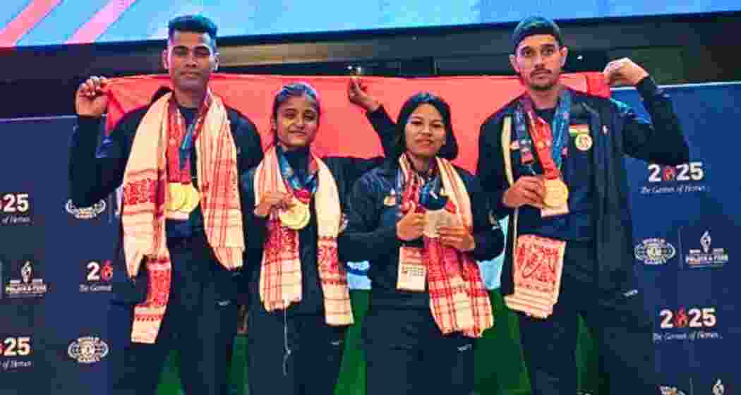 Assam Police athletes celebrate their medal haul in wrist wrestling at the World Police and Fire Games in the US, as India rises to third in the global medal standings.