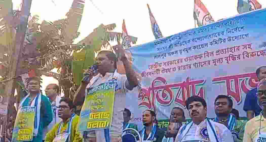 Trinamool MP Bapi Haldar addressing a public gathering in Murshidabad, where he threatened violence and encouraged supporters to do the same amid Waqf Act protests, drawing sharp criticism from the BJP and civil society.