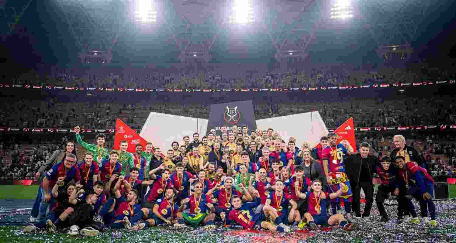 The Barcelona team celebrate their victory. Image via X.